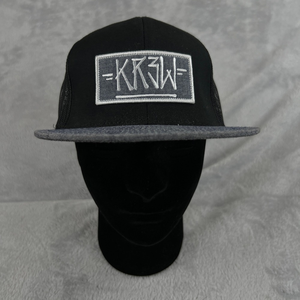 KR3W Trucker Hat OSFM Black Gray Patch Mesh Back Skateboarding Y2K Snapback Cap